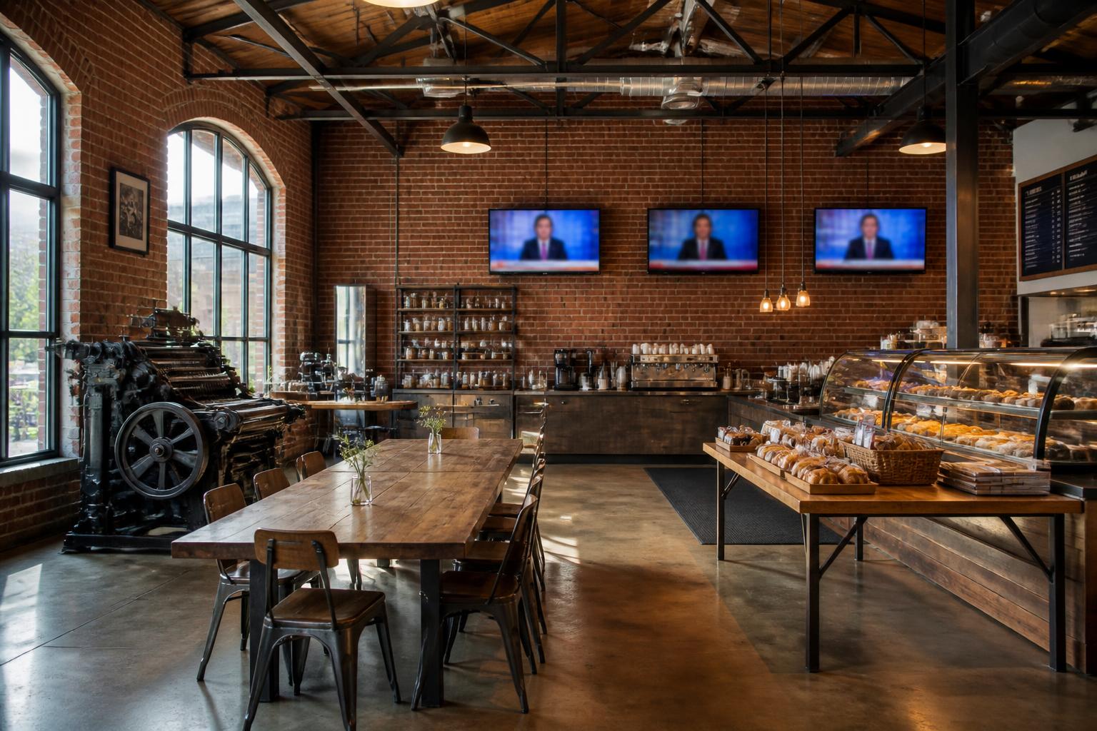 The brick interior with the old press, long wooden table, and pastry case