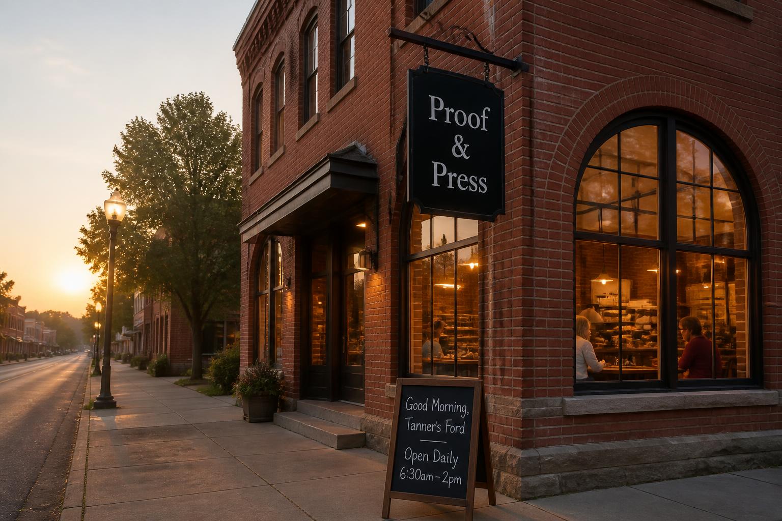 The red brick storefront at dusk with the hanging Proof & Press sign